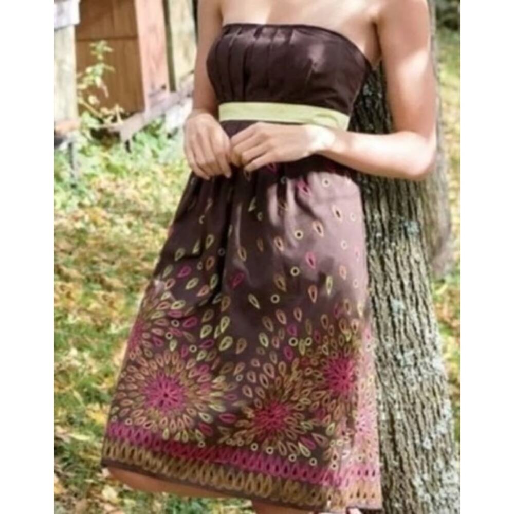 Anthropologie Tabitha Honey House Brown Embroidered Strapless Dress Size 4